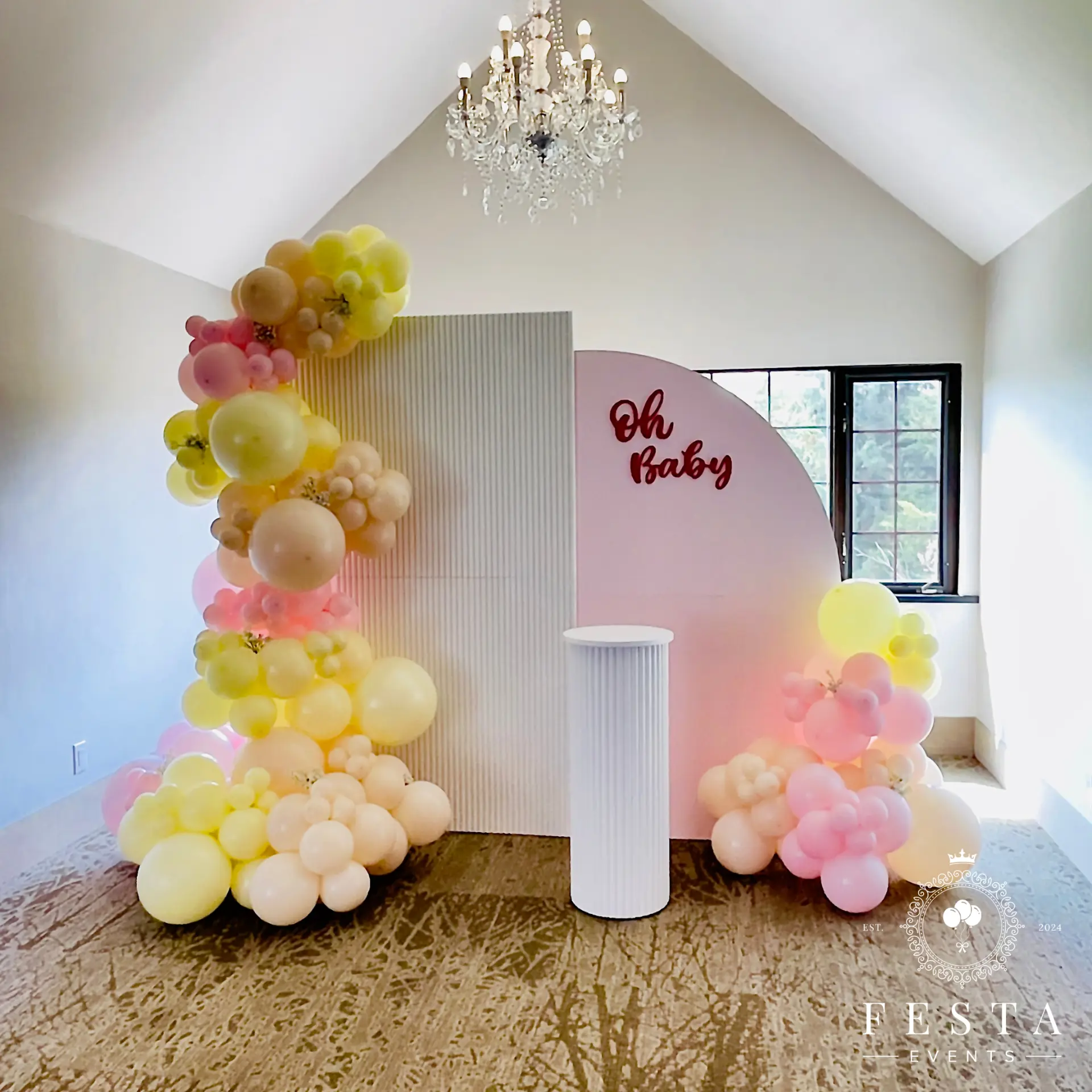 Baby shower backdrop with 'Oh Baby' signage and pastel balloon garland (Balloons created & designed by Time Flyz)