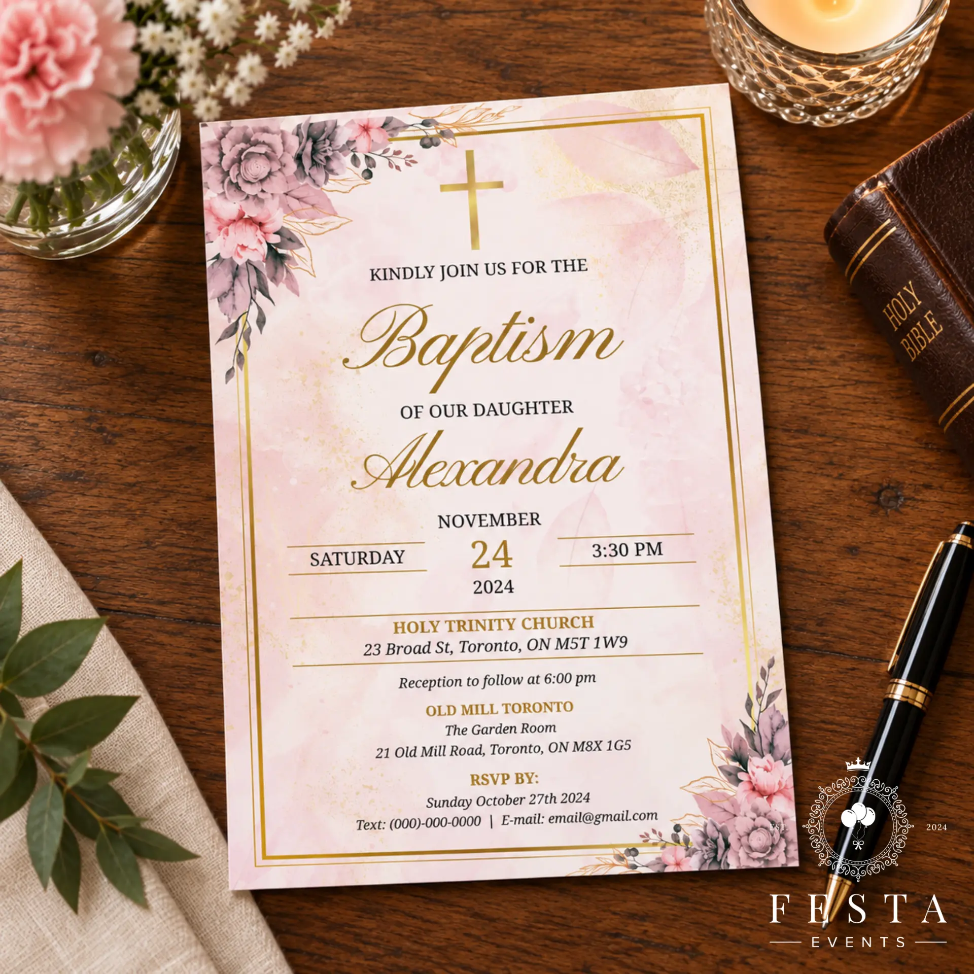 Custom printed baptism invitation with floral design and gold foil details