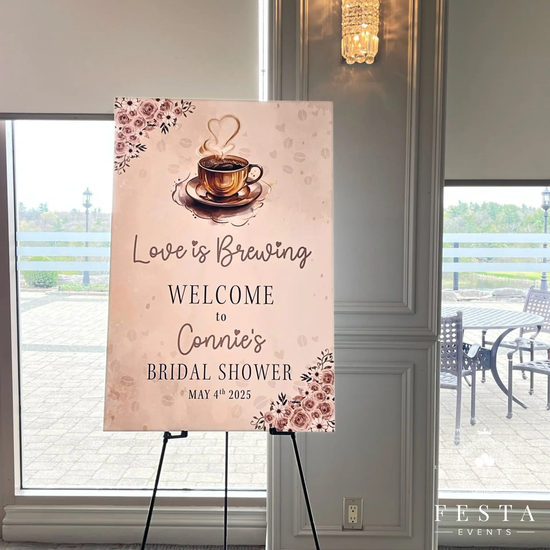 'Love is Brewing' bridal shower welcome sign on an easel