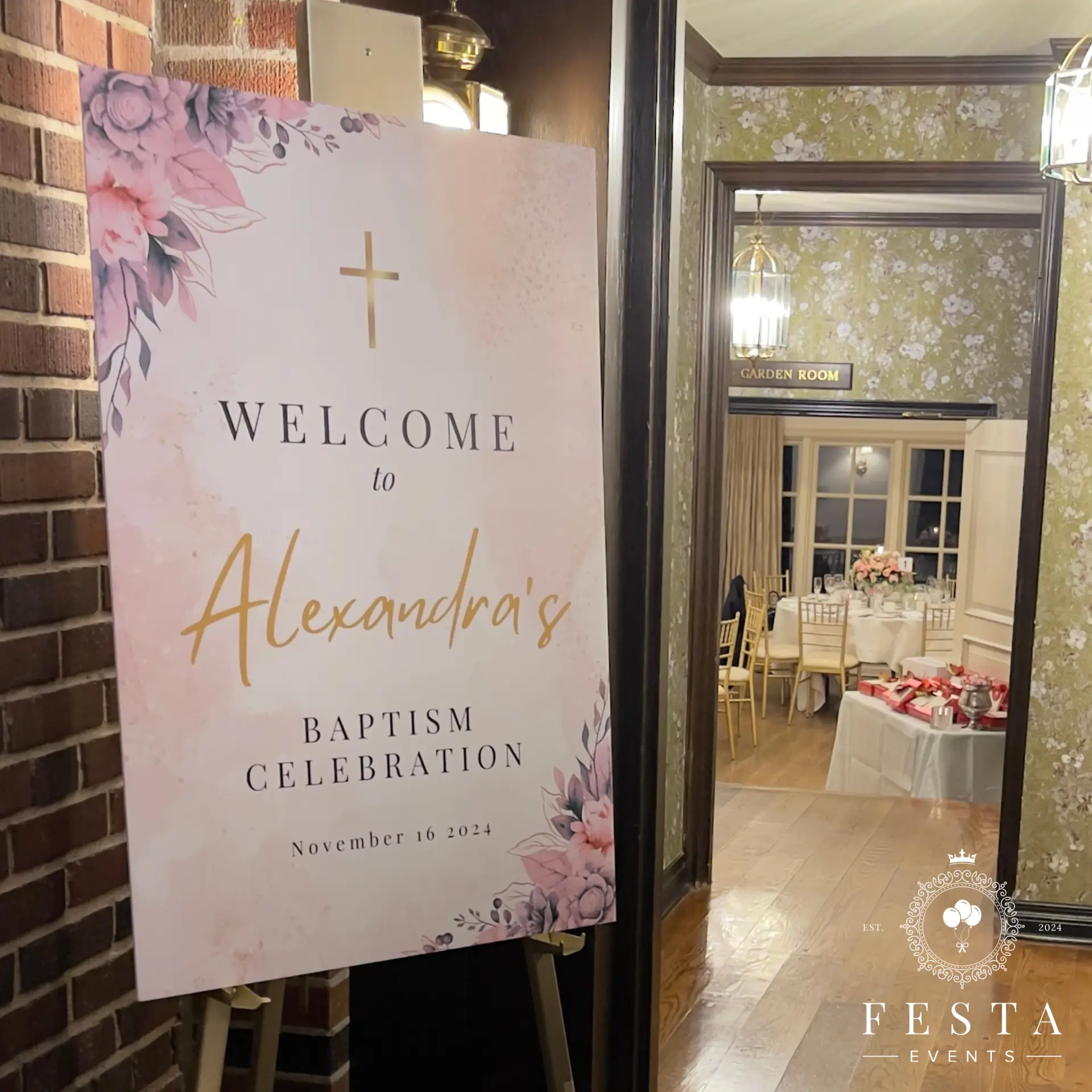 Custom printed baptism welcome sign with floral corners and gold cross